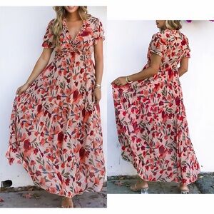 Floral Ruffle V-Neck Maxi Dress in Blush Red